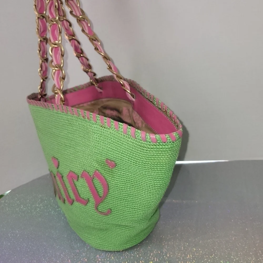 Y2K Vintage Juicy Couture XL Green & Pink Straw Tote Shopper Beach Bag Purse